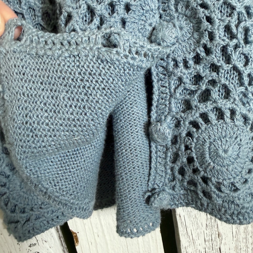 VTG Requirements Petite Blue Crochet Short Sleeve Cardigan Sz L Sweater Boho NWT - Picture 5 of 11